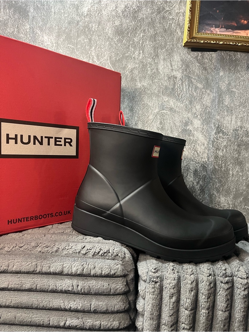 Hunter Black Short Ankle Rain Boots with Red Pull Tabs
